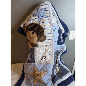 Carters Blue Patchwork Musical Monkey Baby Quilt Blanket Stars 32x40